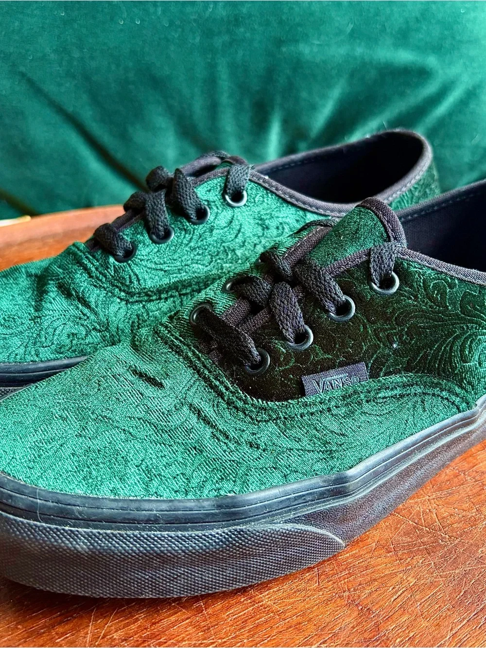 Vans Green Velvet Low-Top Sneakers with Black Accents